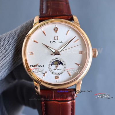 Replica TW Factory Omega Moon Phase White Face Rose Gold Case Leather Strap Watch 